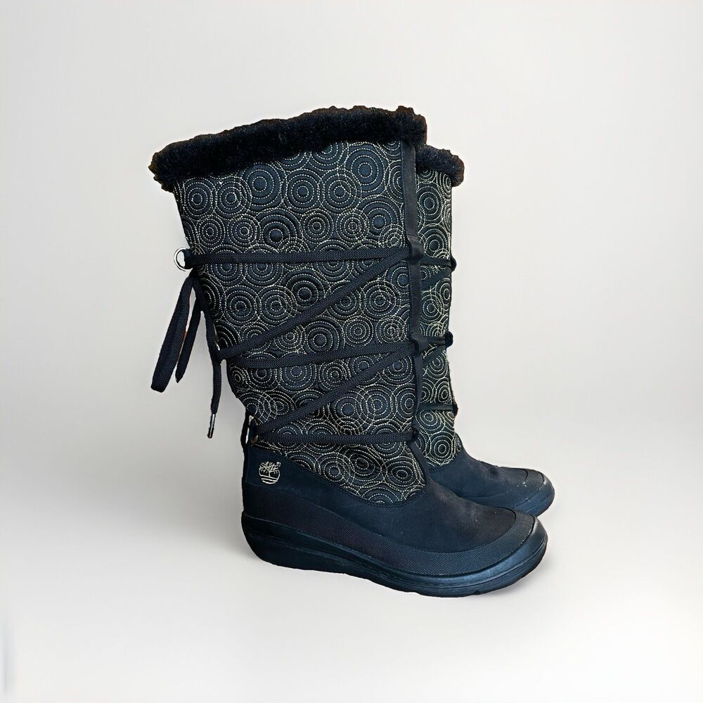 Timberland women's winter boots gold swirl, rubber leather fur boots size 7 1/2